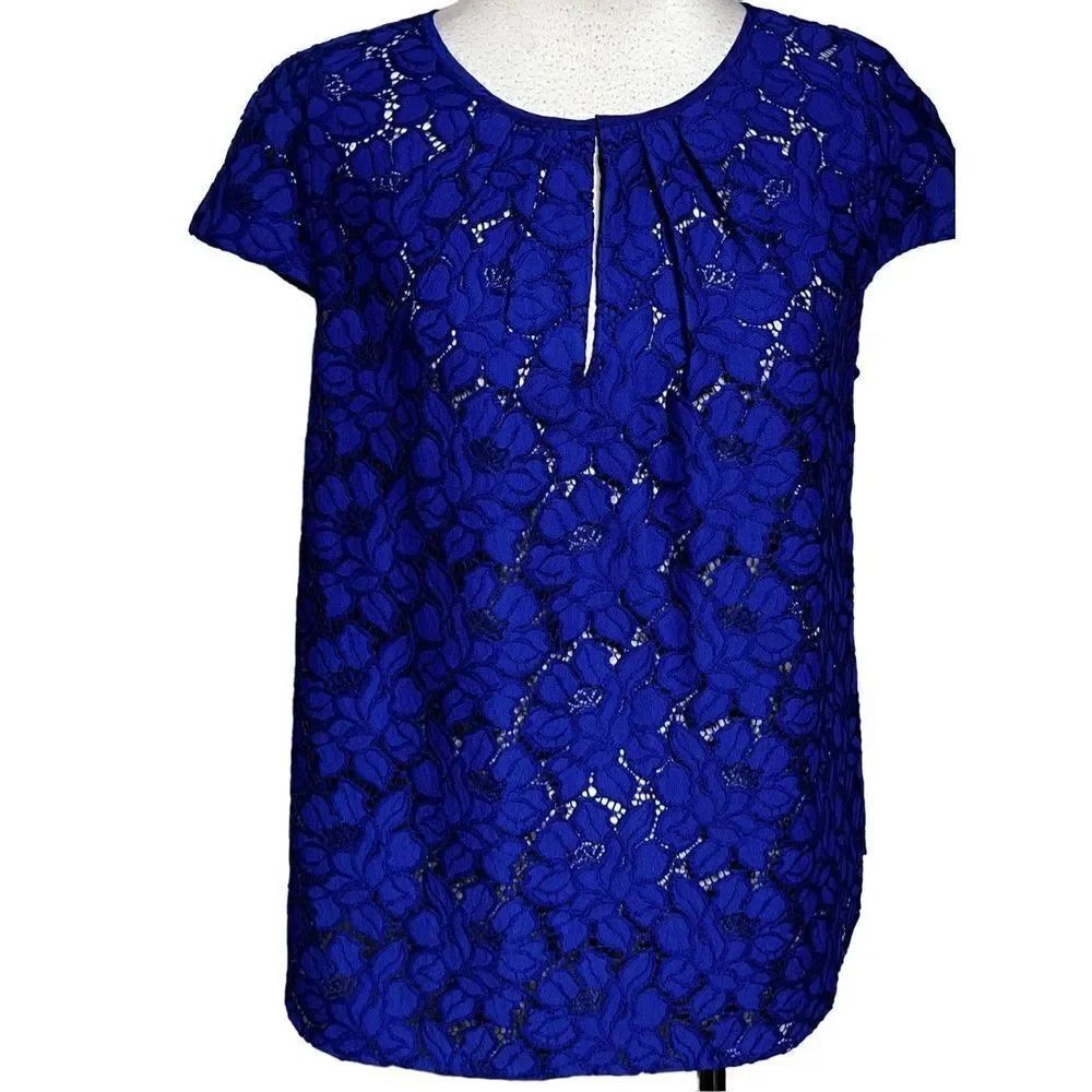 J. Crew NWT Short Sleeve Lace Blouse Top Cobalt Blue Size 8